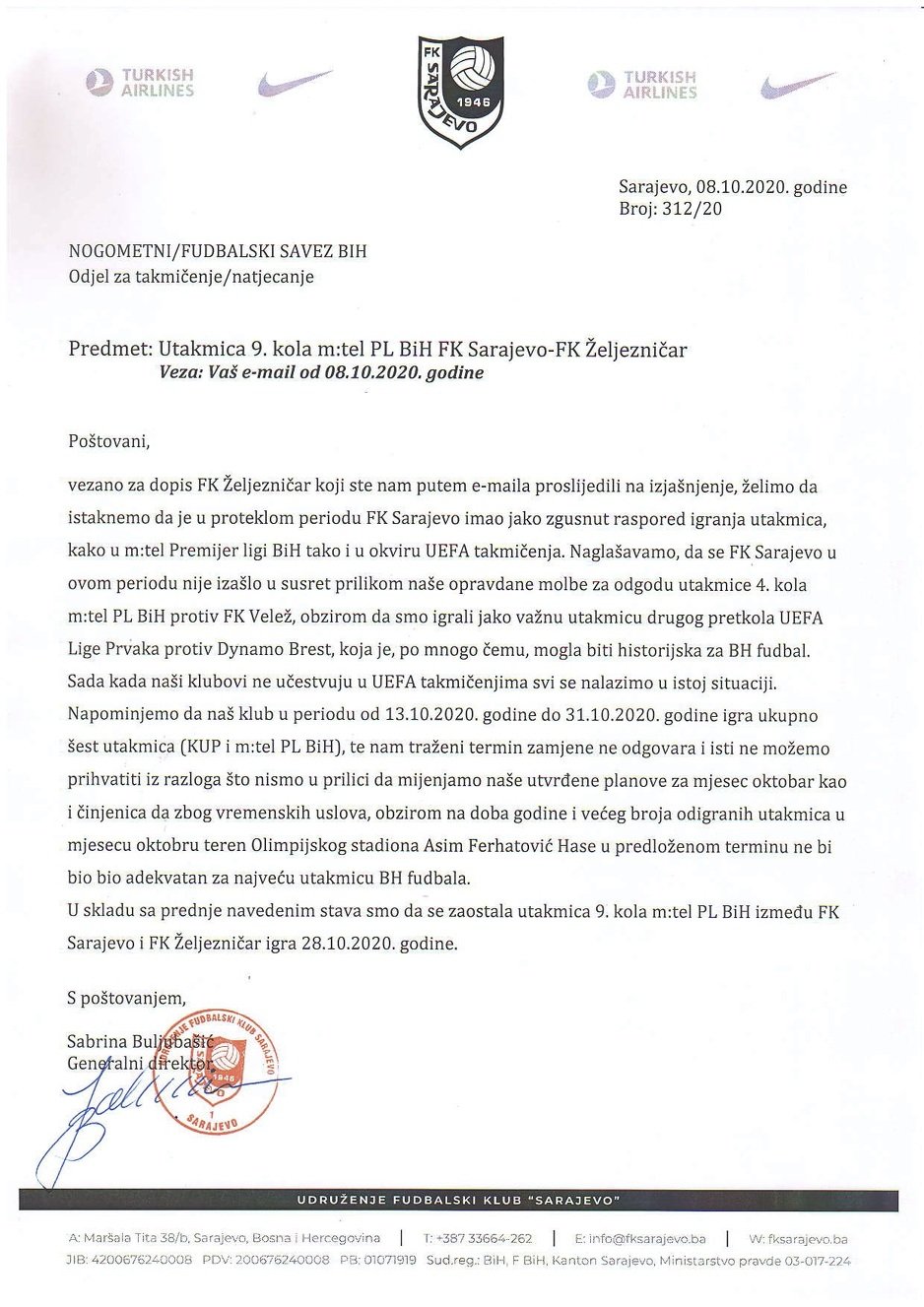 Faksimil odgovora FK Sarajevo