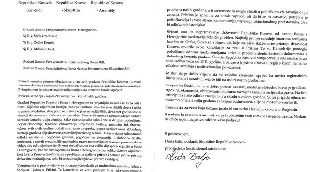 Otvoreno pismo koje je Balje uputila članovima Predsjedništva BiH