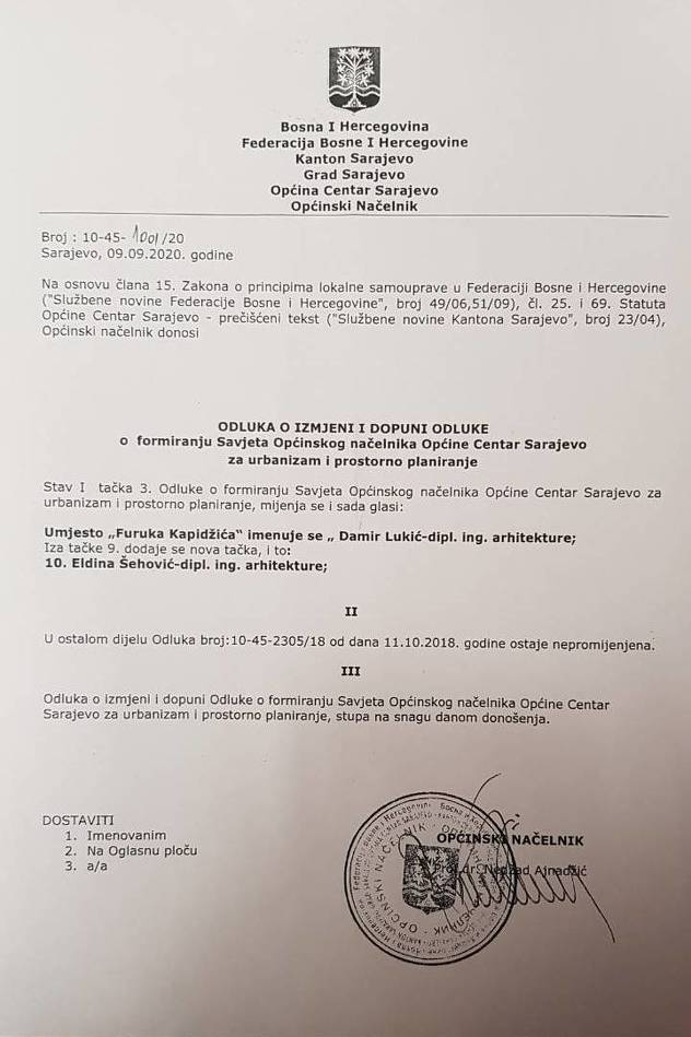 Odluka o razrješenju članstva Kapidžića u Savjetu načelnika Općine Centar (Foto: Vlada KS)