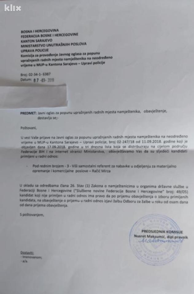 Odgovor iz Uprave policije MUP-a KS na Enesovu molbu za zaposlenje (Foto: Klix.ba)