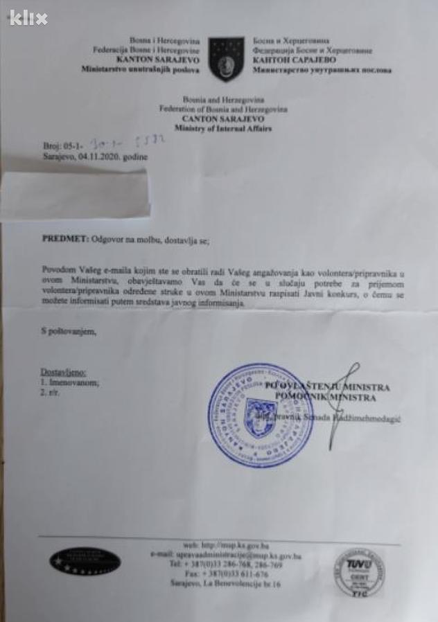 Odgovor iz MUP-a KS na Enesovu molbu za zaposlenje (Foto: Klix.ba)