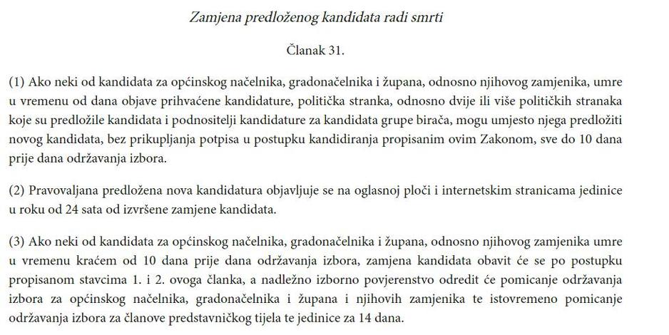 Član 31 Izbornog zakona Hrvatske o tome kako postupiti ako kandidat načelnika/gradonačelnika umre