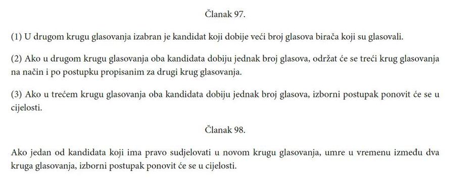 Član 98 Izbornog zakona Hrvatske koji nalaže da se ponove izbori ako kandidat umre između dva kruga glasanja