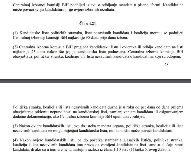 Član 4.21 Izbornog zakona BiH koji rješava pitanje smrti kandidata s liste