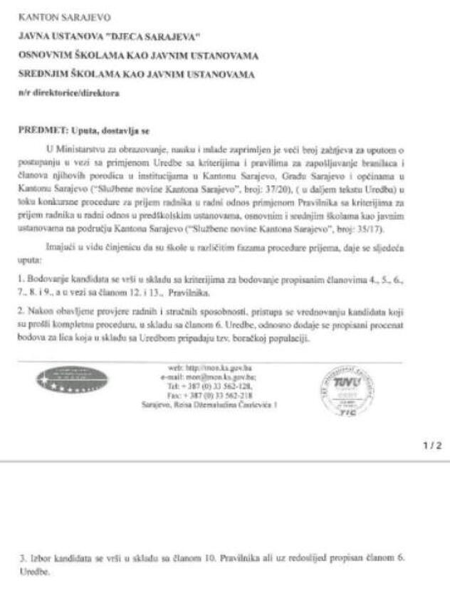 Uputa MInistarstva za obrazovanje KS
