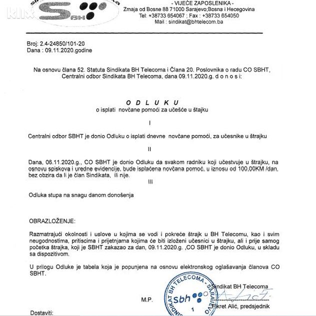 Odluka o isplati novčane pomoći za učešće u štrajku (Foto: Klix.ba)