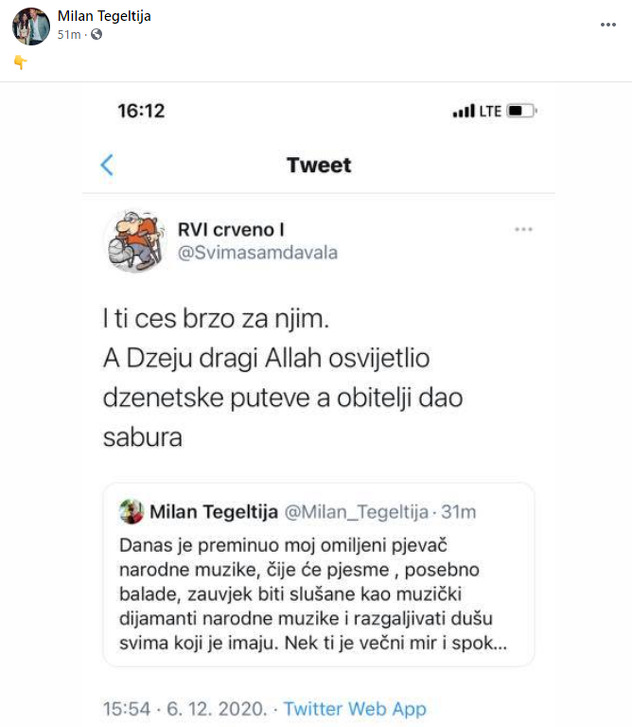 Objava Milana Tegeltije