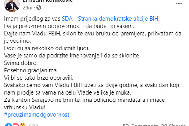 Objava Elmedina Konakovića nakon saopćenja SDA
