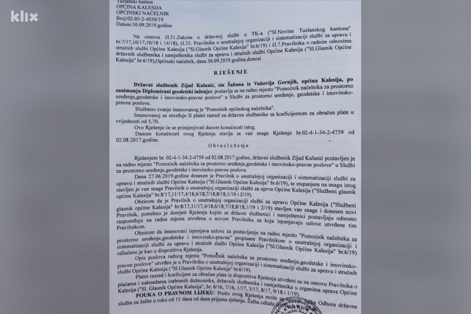 Rješenje kojim je Kulanić postavljen za pomoćnika načelnika (Foto: Klix.ba)