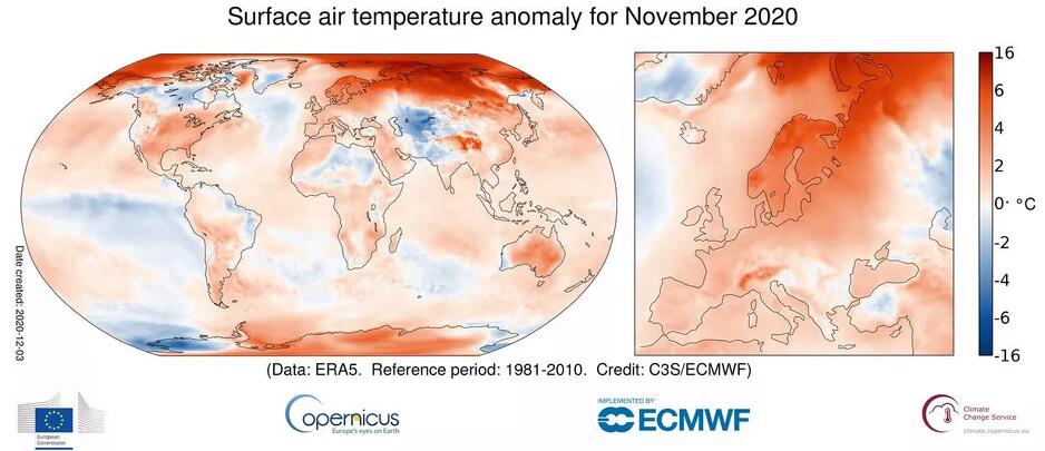 Anomalije površinske temperature zraka za novembar 2020, izvor: Copernicus Climate Change Service / ECMWF