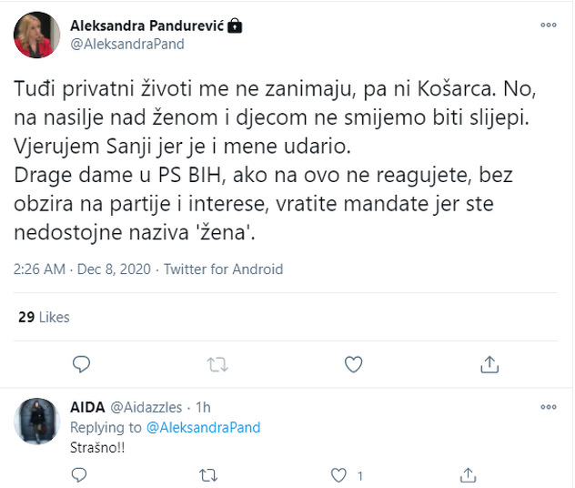 Objava Aleksandre Pandurević na Twitteru