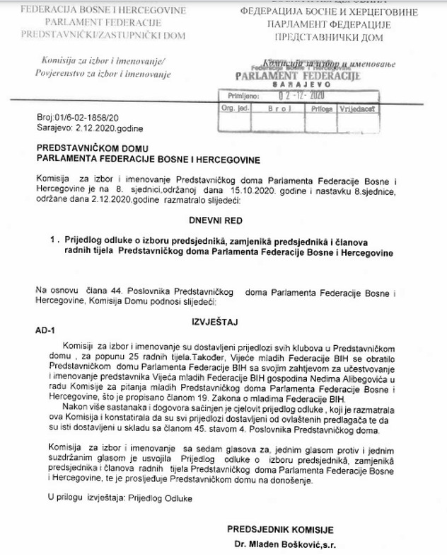 Prijedlog Odluke Komisije Predstavničkog doma Parlamenta FBiH