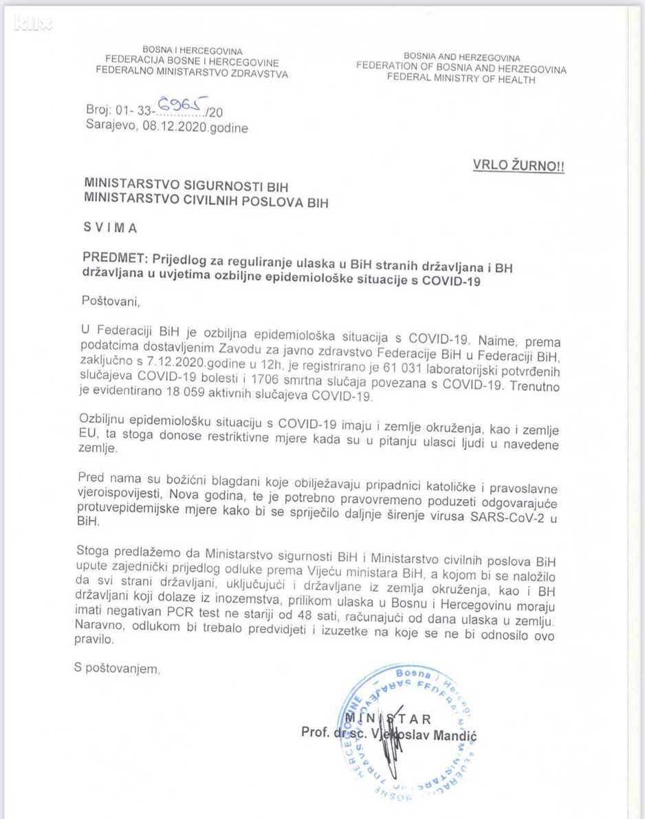 Zahtjev upućen prema Vijeću ministara BiH (Foto: Klix.ba)