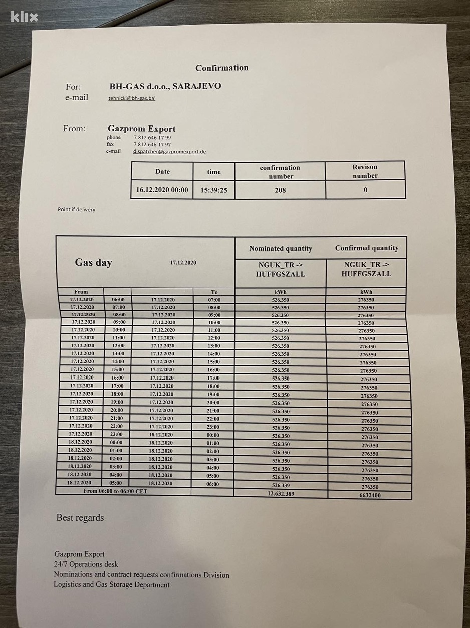 Obaviještenje Gazproma o isporuci plina