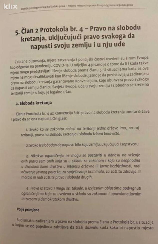 Dokumetn relevantne prakse Evropskog suda za ljudska prava u kontekstu koronavirusa (Foto: Klix.ba)