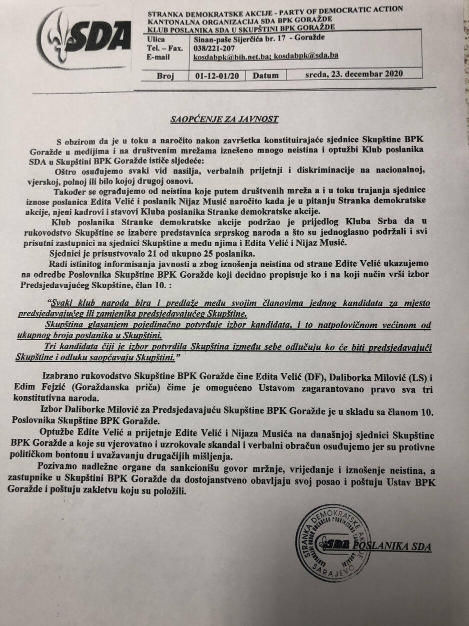 Reakcija Kluba SDA u Skupštini Goražda