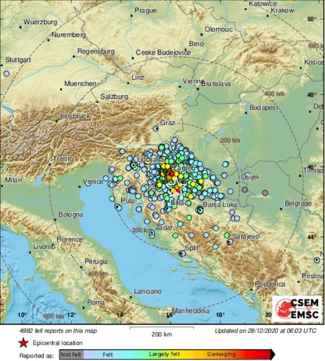 Prikazana jačina zemljotresa na osnovu dojava građana iz mjesta gdje se osjetio, Izvor: EMSC