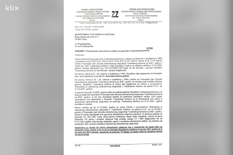 Urgencija direktora ZZO TK (Foto: Klix.ba)