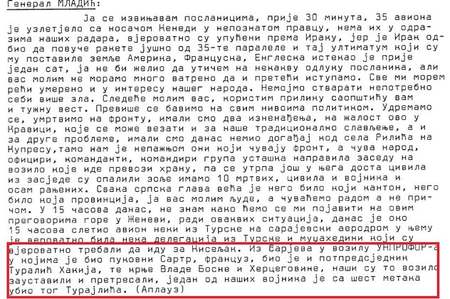 Mladićeva obavijest da je ubijen Turajlić