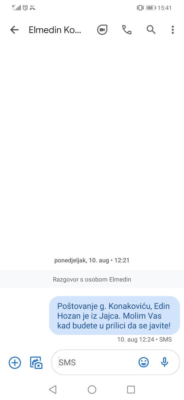 SMS za koji Hozan tvrdi da je poslao Konakoviću (Foto: SDA Jajce)