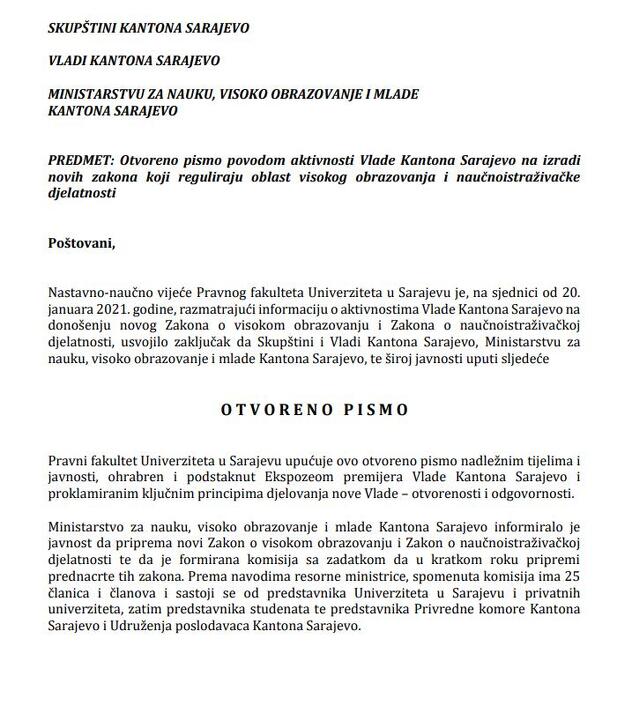 Otvoreno pismo Pravnog fakulteta u Sarajevu