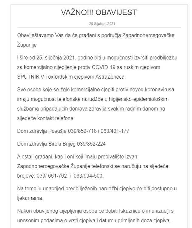 Kantonalni Zavod za javno zdravstvo zvanično prima narudžbe