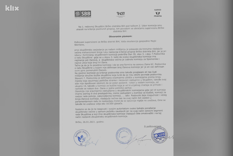 Pismo koje je upućeno supervizoru za Brčko distrikt Michaelu Scanlanu (Foto: Klix.ba)