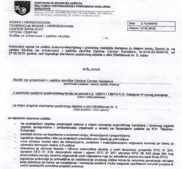 Mišljenje Kantonalnog zavoda za zaštitu kulturno-historijskog i prirodnog naslijeđa