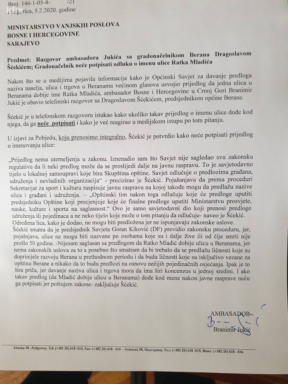 Dopis iz MVP-a BiH o telefonskom razgovoru Jukića i Šćekića (Foto: Klix.ba)