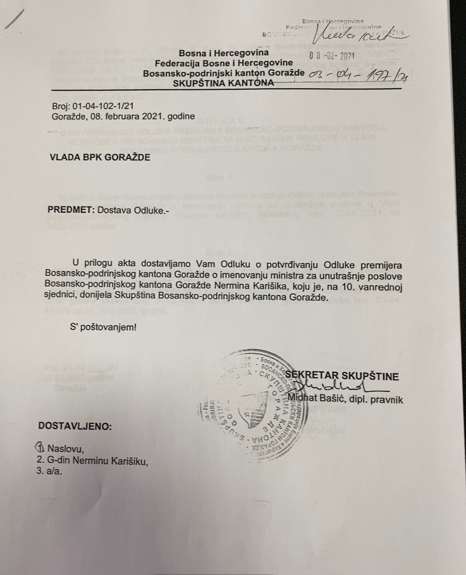 Vlada BPK potvrdila imenovanje Nermina Karišika