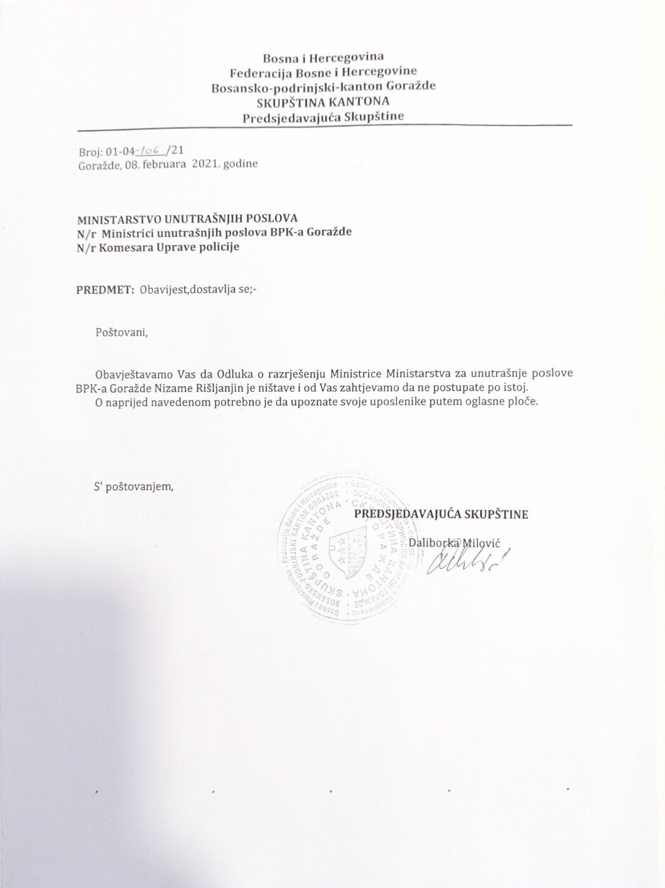 Poništavanje razrješenja Nizame Rišljanin