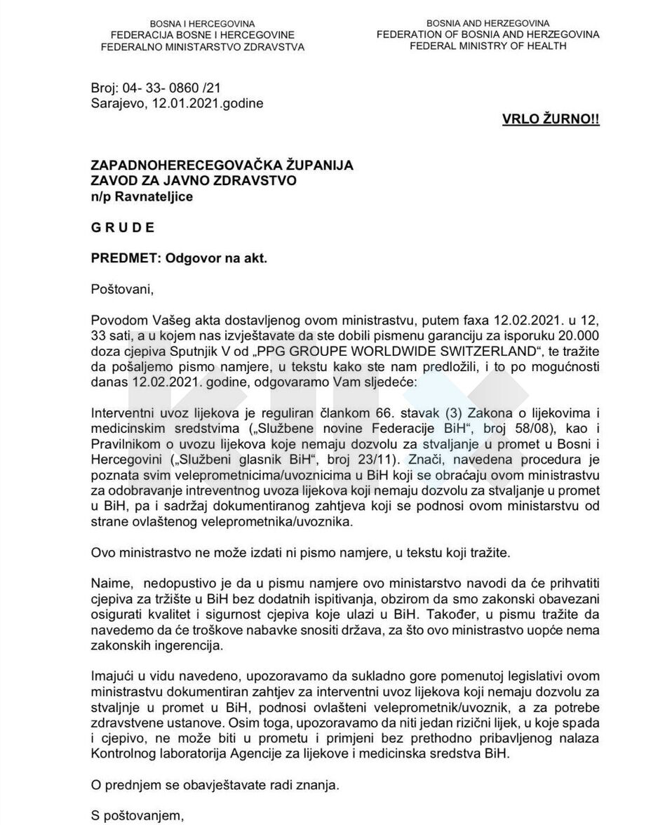 Odgovor Federalnog ministarstva zdravstva