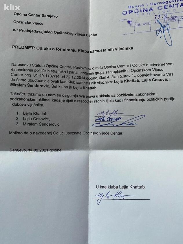 Odluka vijećnika o istupanju iz Kluba SDA (Foto: Klix.ba)