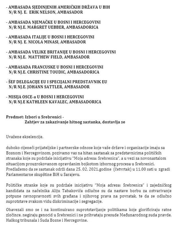 Zahtjev za sastanak koji je poslat ambasadama u BiH