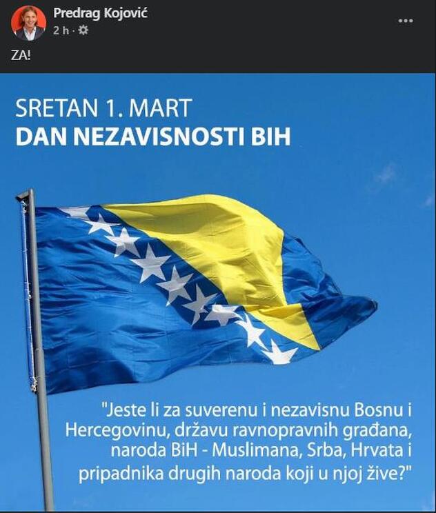 Čestitka Predraga Kojovića na Facebooku, Screenshot: Facebook