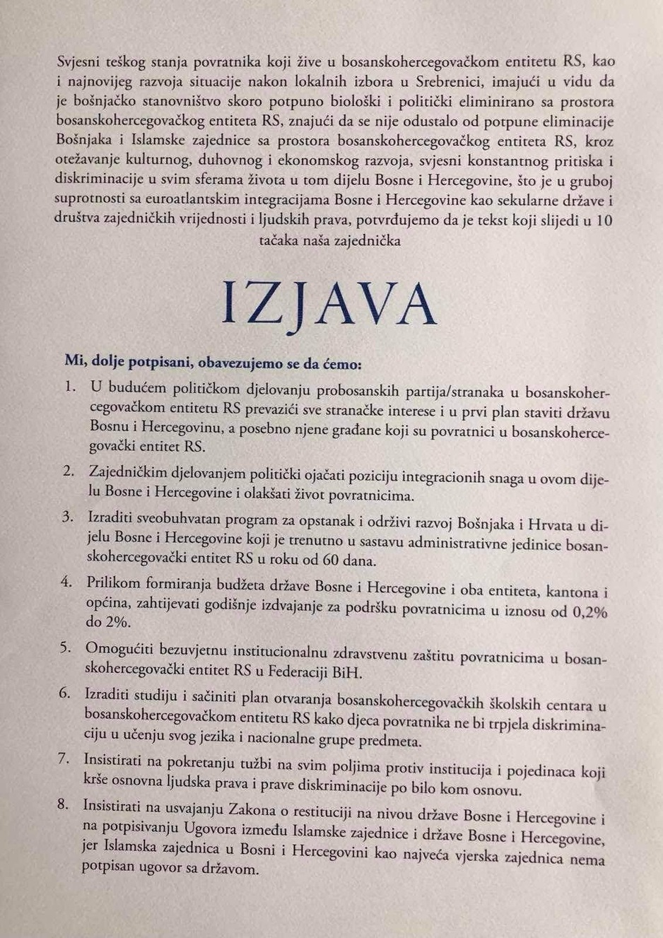 Izjava o položaju povratnika u bosanskohercegovački entitetRepublika Srpska