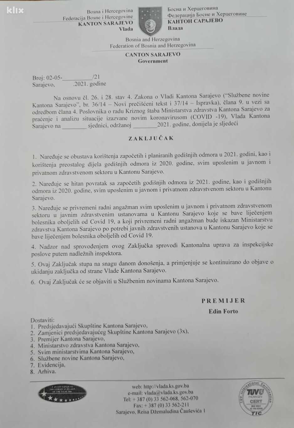 Zaključci odnosno naredbe Vlade KS zdravstvenim ustanovama (Foto: Klix.ba)