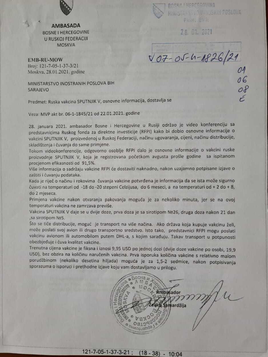 Dopis Ambasade BiH u Rusiji poslat MVP BiH