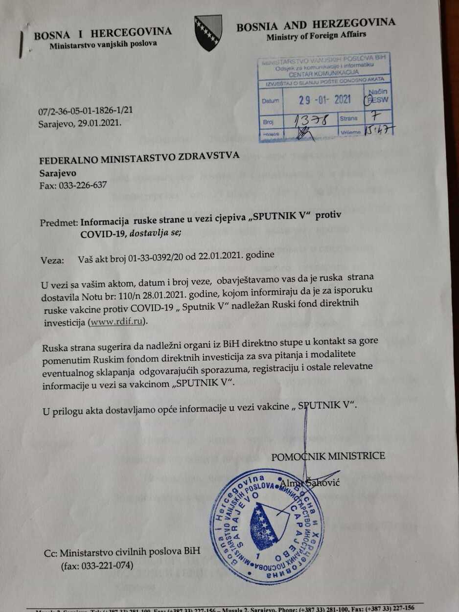MVP BiH dostavio informacije Federalnom ministarstvu zdravstva