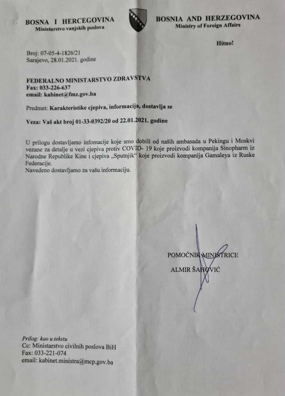 Email MVP BiH Federalnom ministarstvu zdravstva sa informacijama o vakcini