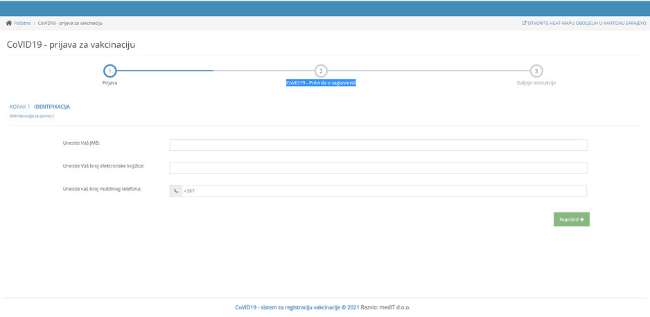 Izgled platforme za prijavu na vakcinaciju