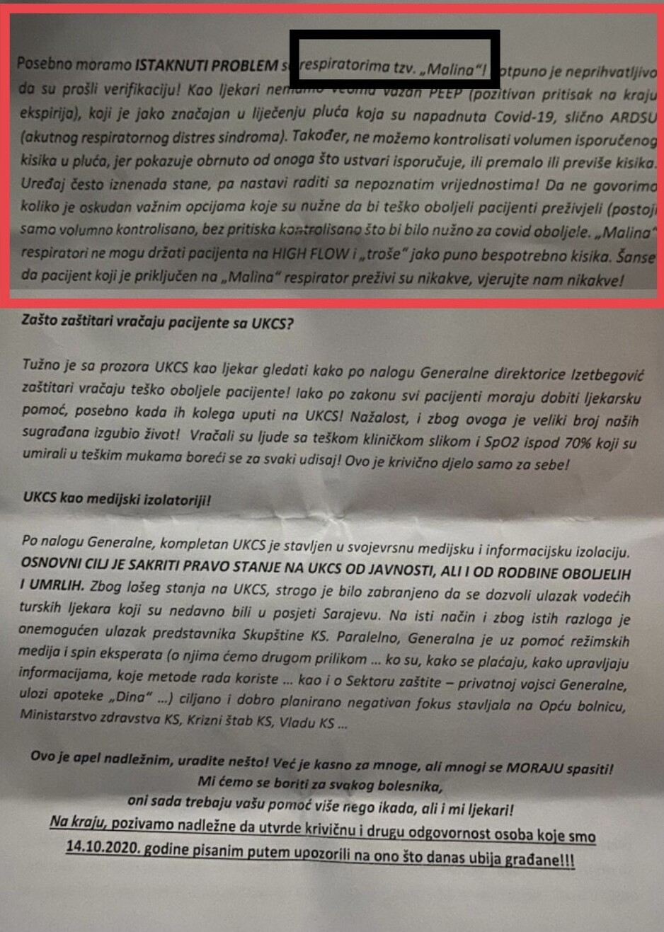 Prvobitno objavljeno pismo