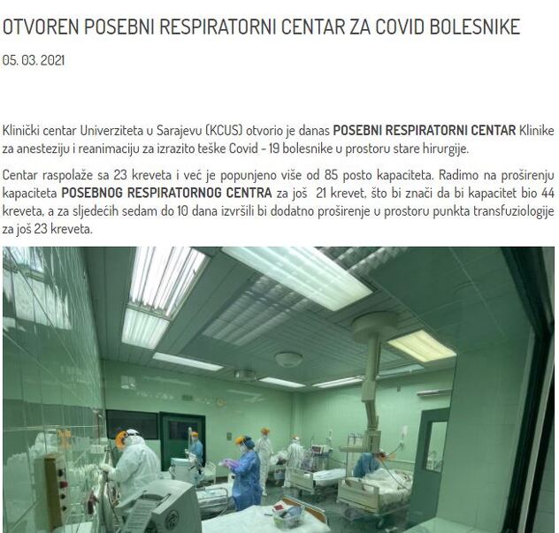 Saopćenje KCUS-a o otvorenju Respiratornog centra