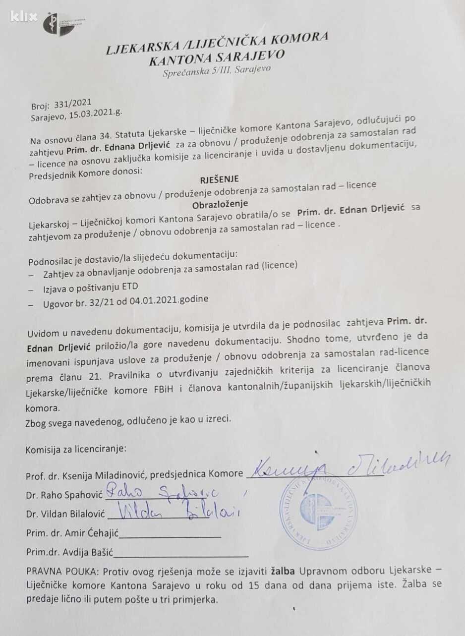 Licenca Ljekarske komore KS (Foto: Klix.ba)