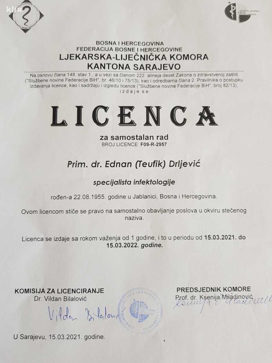 Licenca Ljekarske komore KS (Foto: Klix.ba)