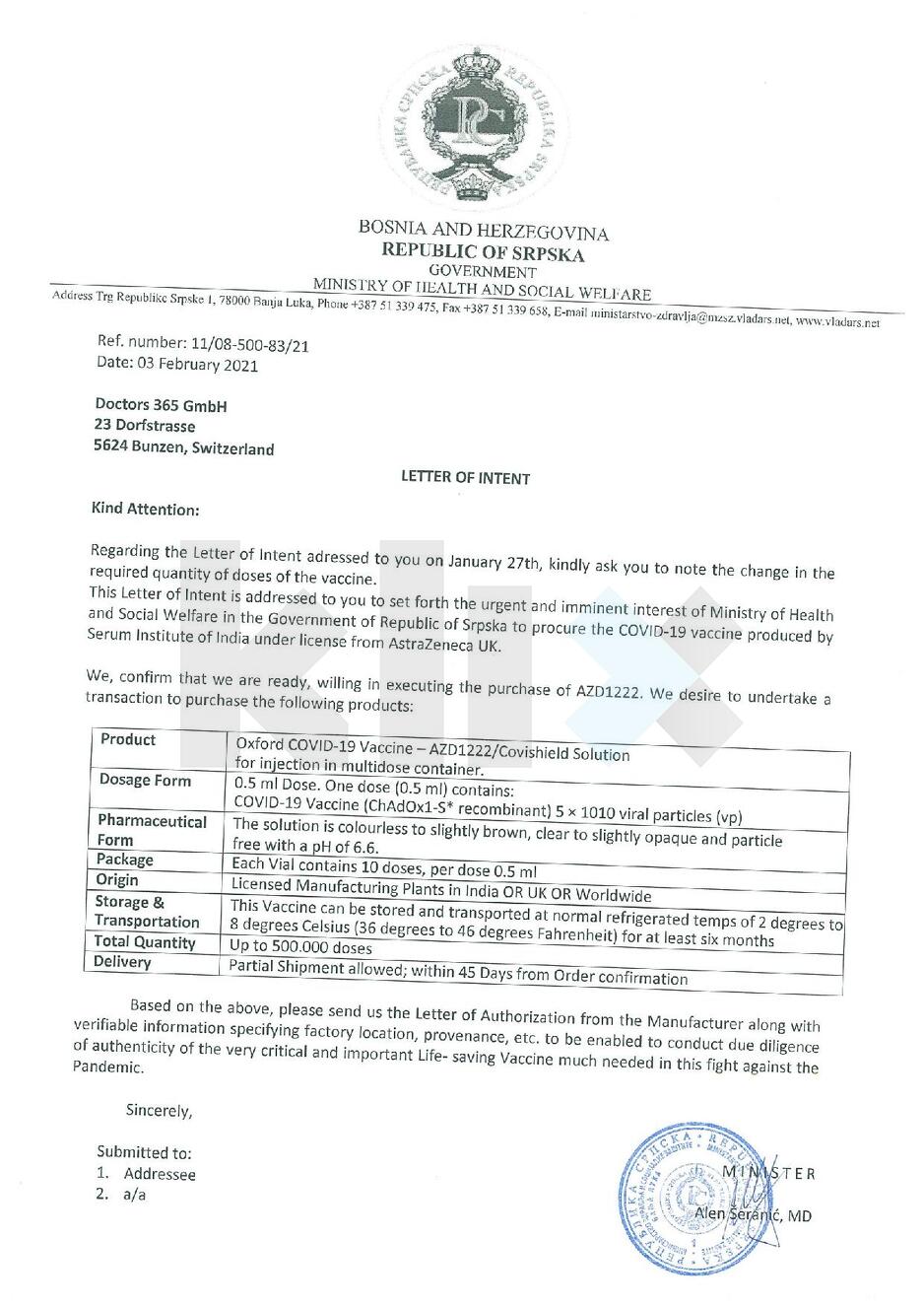 Pismo namjere od 3. februara 2021. godine