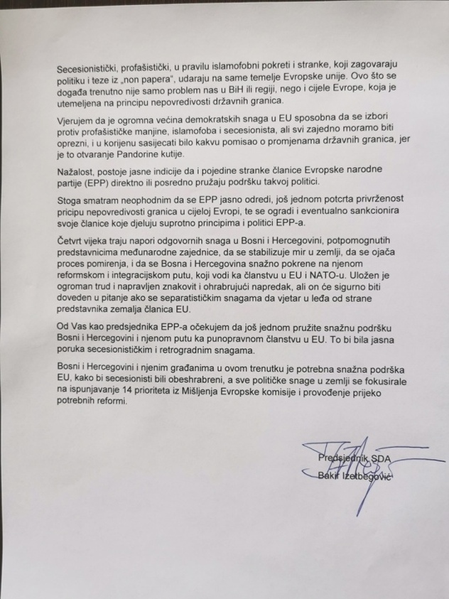 Pismo koje je Bakir Izetbegović uputio Davidu Sassoliju