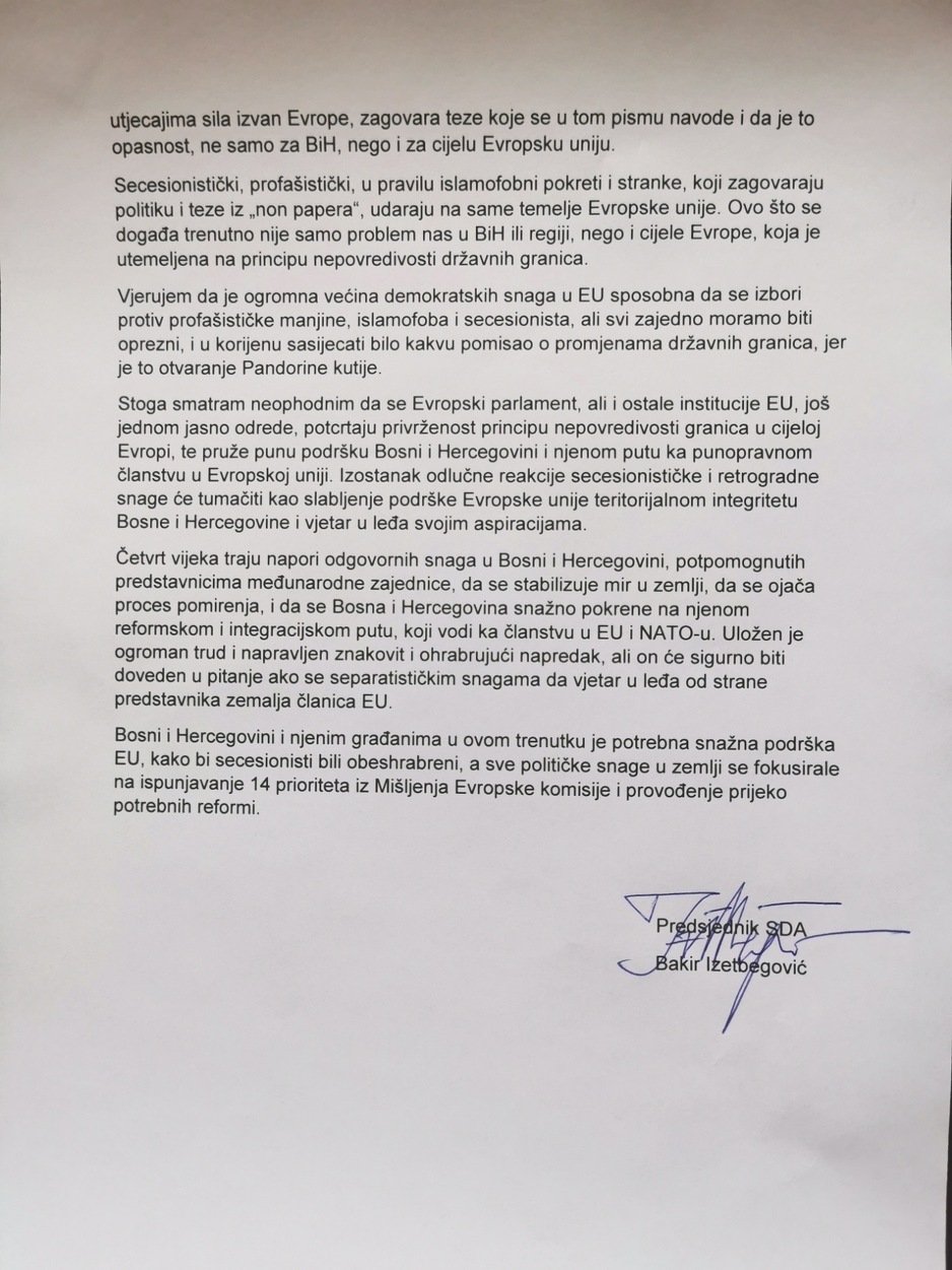 Pismo koje je Bakir Izetbegović uputio Donaldu Tusku