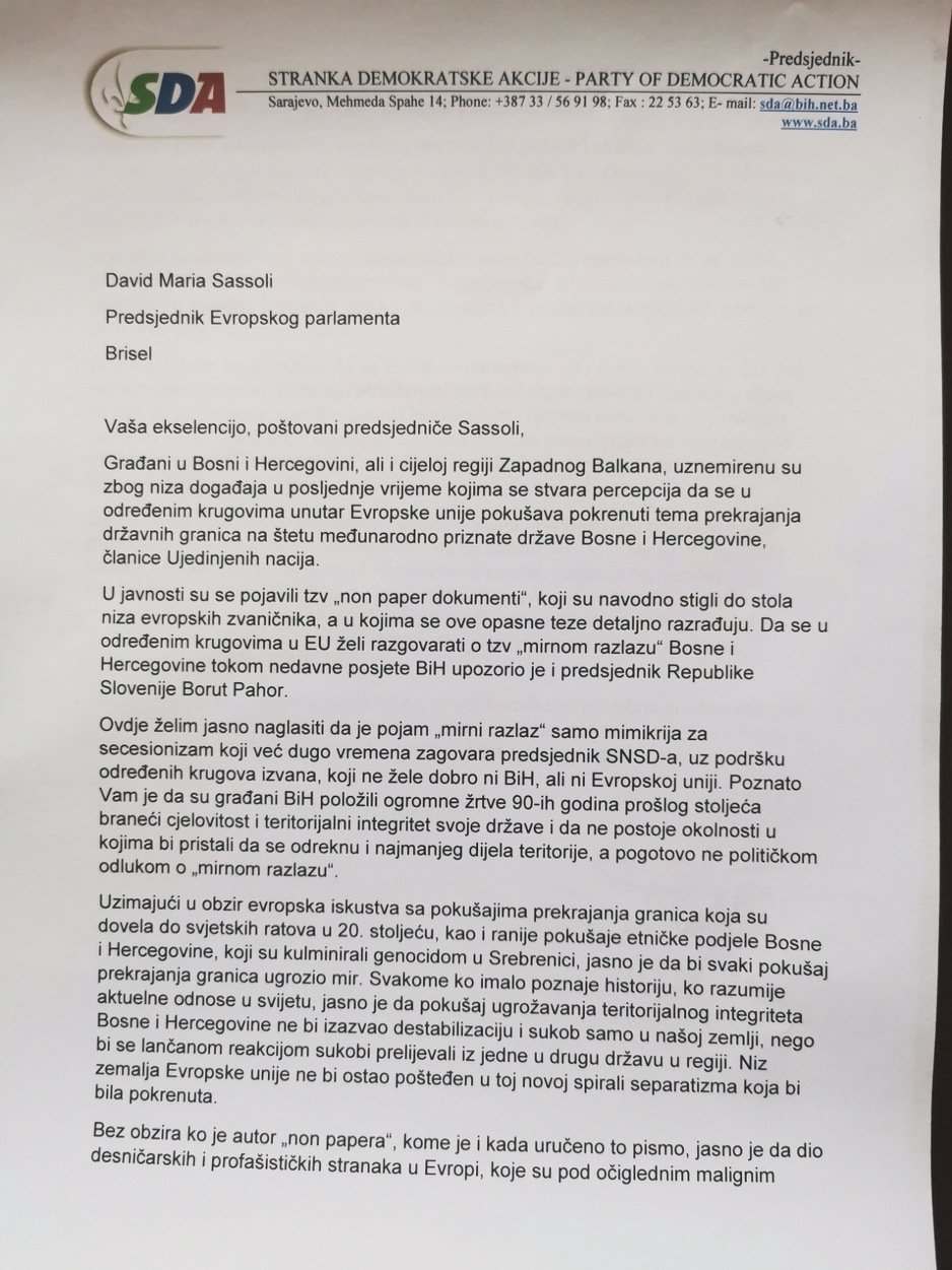 Pismo koje je Bakir Izetbegović uputio Davidu Sassoliju