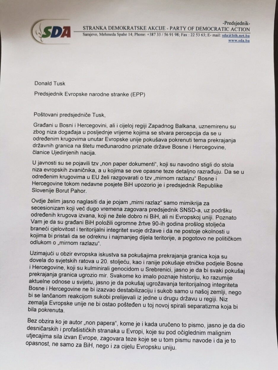 Pismo koje je Bakir Izetbegović uputio Davidu Sassoliju
